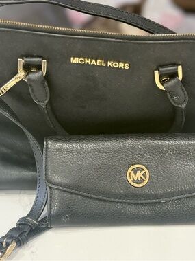 Michael Kors Black Leather Tote with Matching Wallet and Gold Hardware